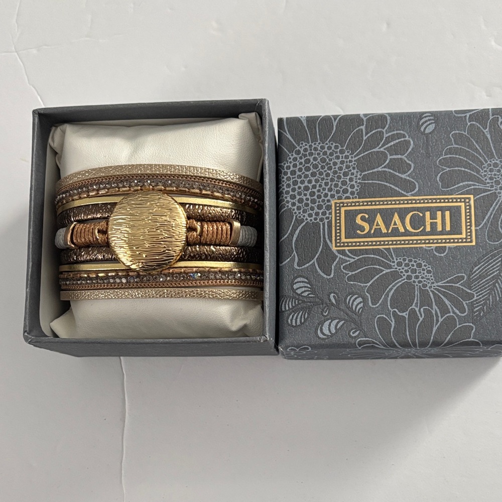 SAACHI Gold and Brown Layered Wrap Bracelet with Textured Clasp